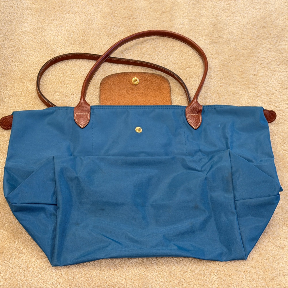 Longchamp Blue Nylon Le Pliage Tote with Brown Leather Trim